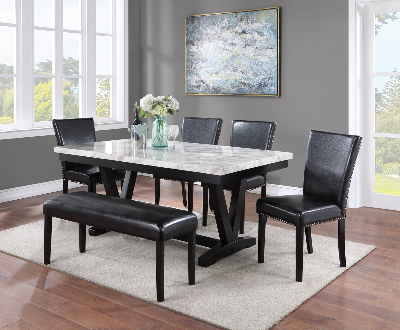2222 TANNER DINING FAUX CARRARA MBL 7PC SET with 6 chairs